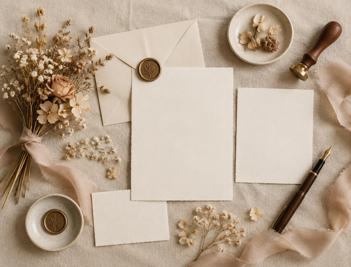 Ivory wedding invitation cards with a wax seal, ribbon and dried flowers