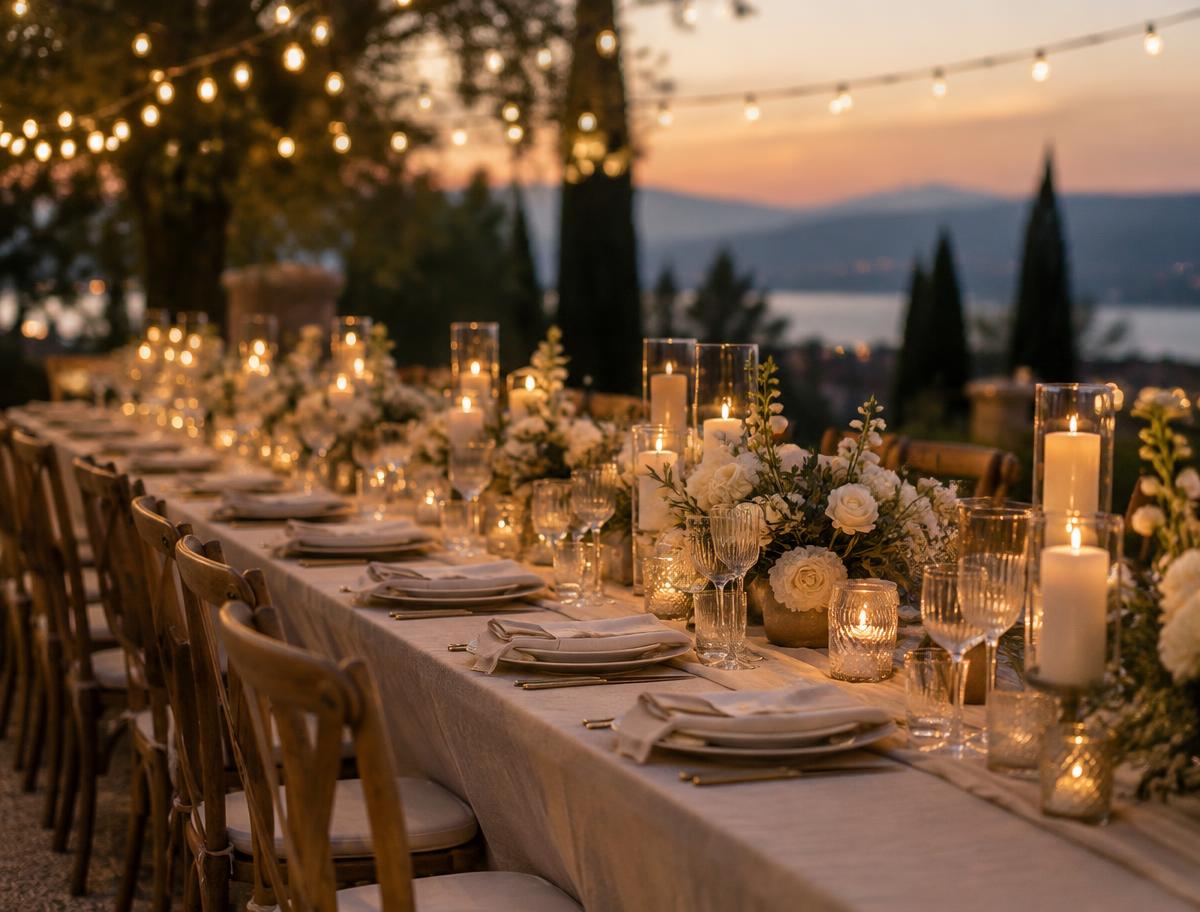 A candlelit outdoor reception table with ivory flowers at dusk